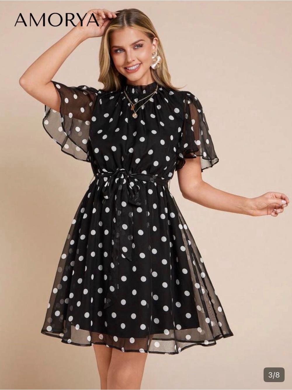 SHEIN Black and White Polka Dot Tie-Front Mini Dress - Picture 2 of 5